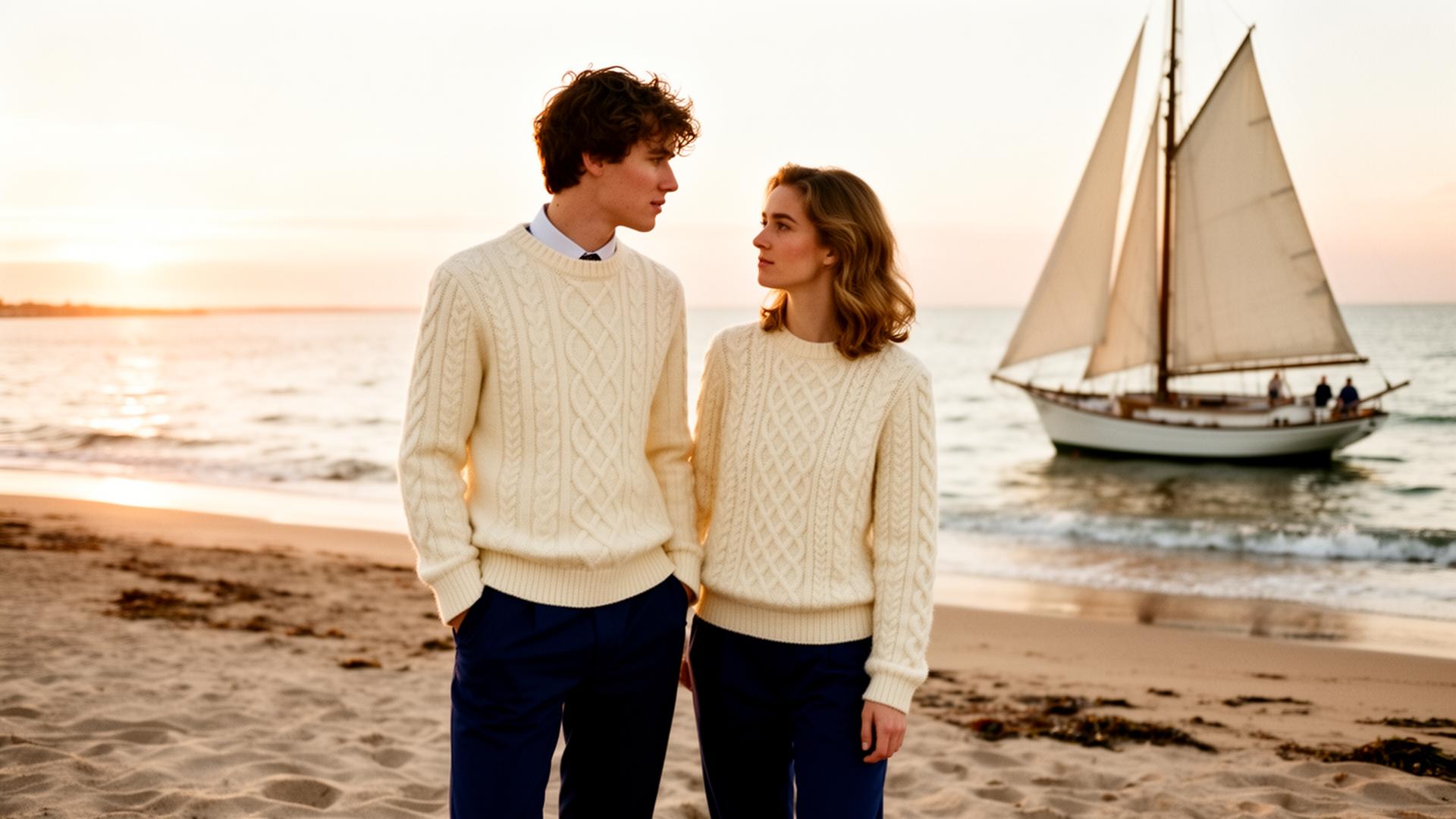 Couple in cream cable knits on a Nantucket beach at golden hour
